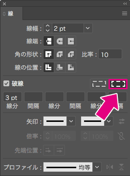 コーナーに破線を整列