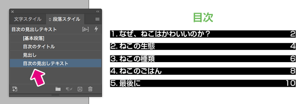 目次テキストの段落スタイル追加